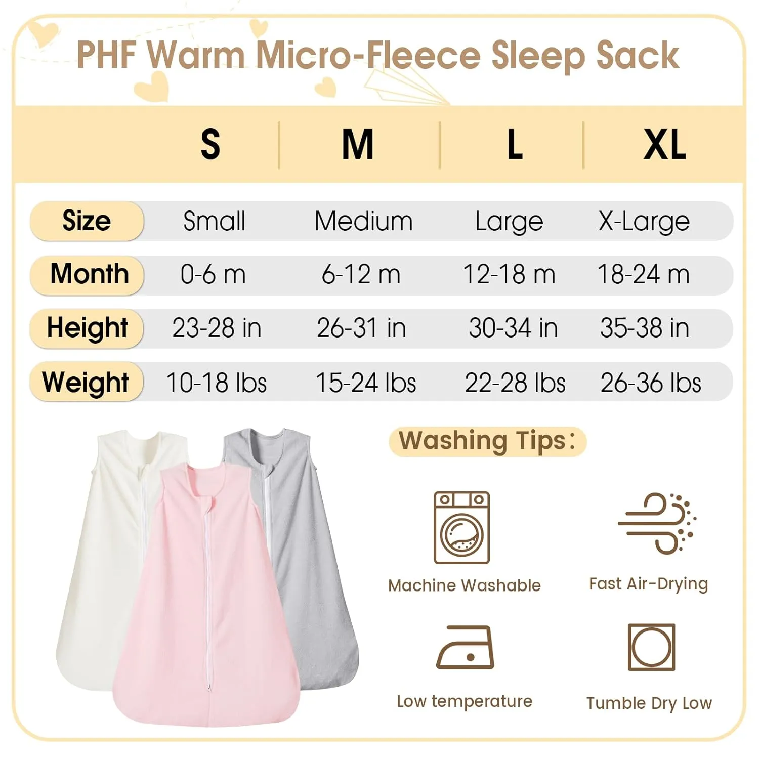 PHF 3 Pack Warm Micro-Fleece Baby Sleep Sack 6-12 Months, Soft Baby Wearable Blanket, 2-Way Zipper Sleeping Bags, Comfy Sleeping Sack for Infant Newborn Girls, Medium Size, Snow White&Grey&Pink