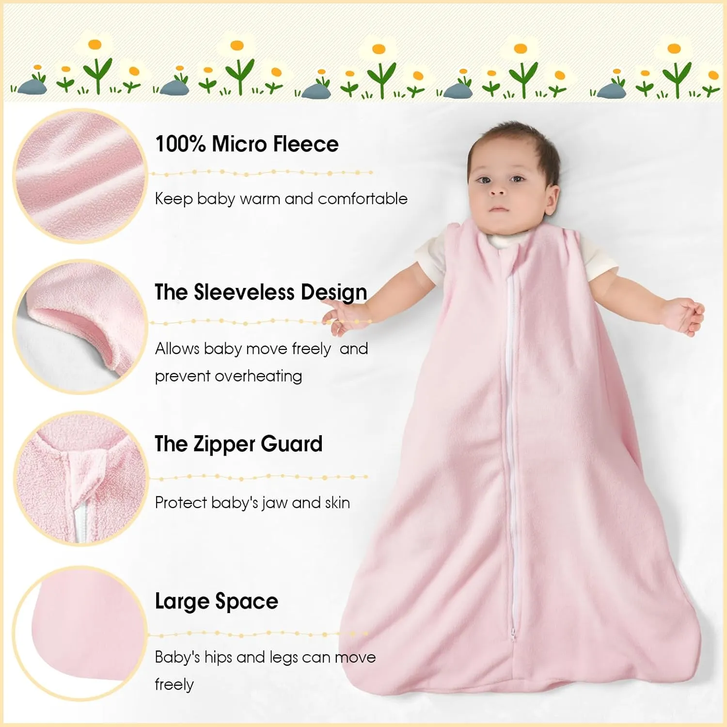 PHF 3 Pack Warm Micro-Fleece Baby Sleep Sack 6-12 Months, Soft Baby Wearable Blanket, 2-Way Zipper Sleeping Bags, Comfy Sleeping Sack for Infant Newborn Girls, Medium Size, Snow White&Grey&Pink