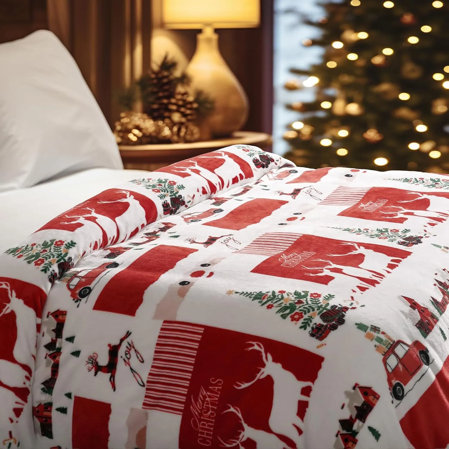 PHF Printed Fleece Blanket Queen Size, No Shed No Pilling Ultra Soft Plush Cozy Xmas Prints Theme Home Décor Flannel Blanket for Bed, Sofa, Couch and Gift, 90" x 90", Christmas Island