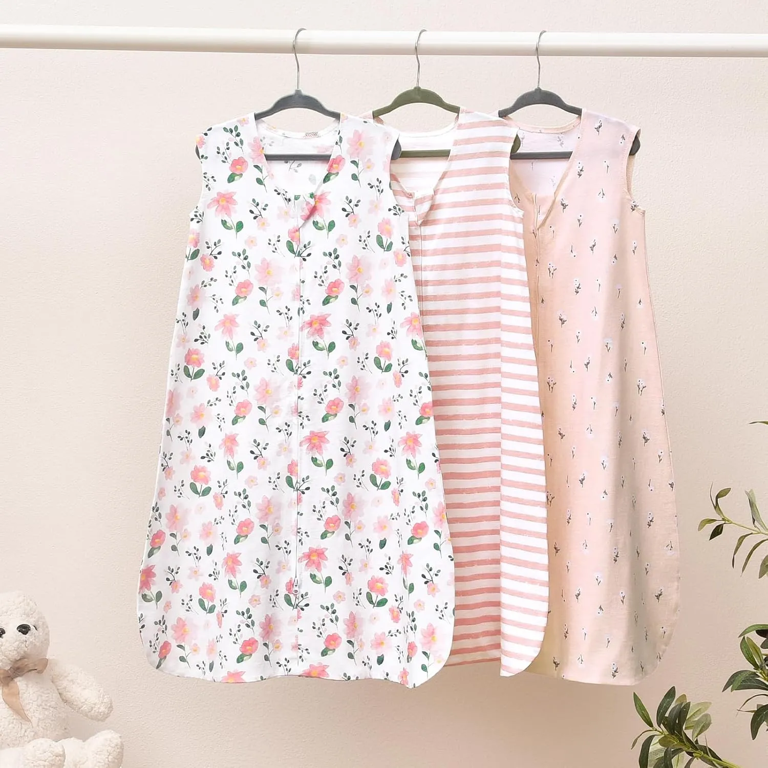 PHF Soft Baby Sleep Sack 18-24 Months 100% Cotton Wearable Blanket, 2-Way Zipper 0.5 TOG Toddler Sleeping Sack 3 Pack, Comfy Sleep Bag for Baby Girls, Pink Floral (X-Large)