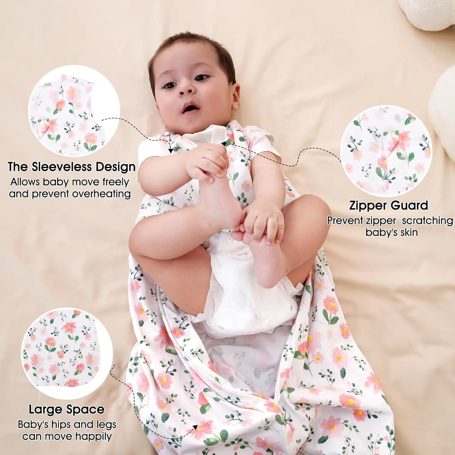 PHF Soft Baby Sleep Sack 18-24 Months 100% Cotton Wearable Blanket, 2-Way Zipper 0.5 TOG Toddler Sleeping Sack 3 Pack, Comfy Sleep Bag for Baby Girls, Pink Floral (X-Large)
