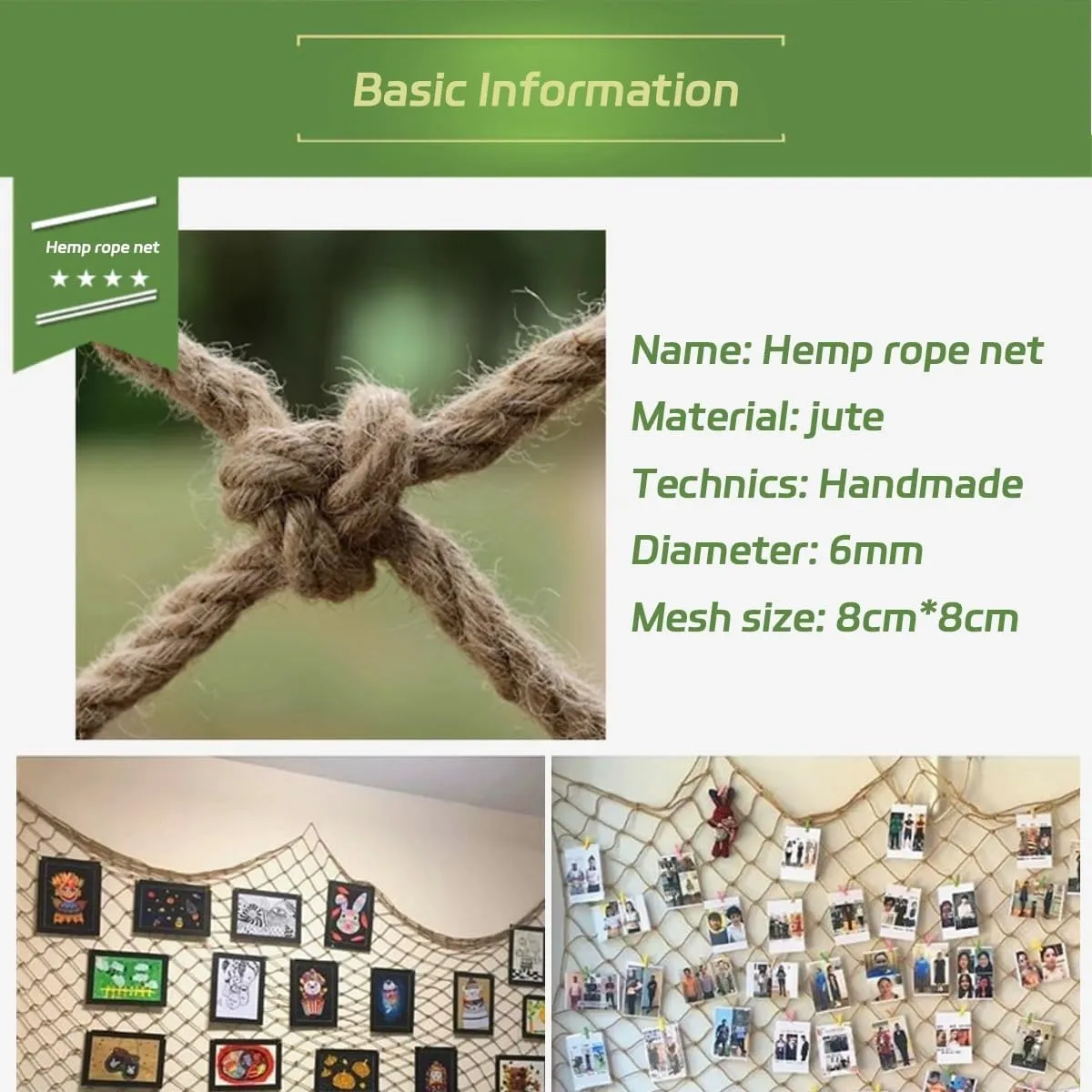 Plant Climbing Rope Netting for Plants and Flowers，Jute Rope Net for Indoor and Outdoor Decoration, Cafes, Bookstores, Parties(7Mx7M)