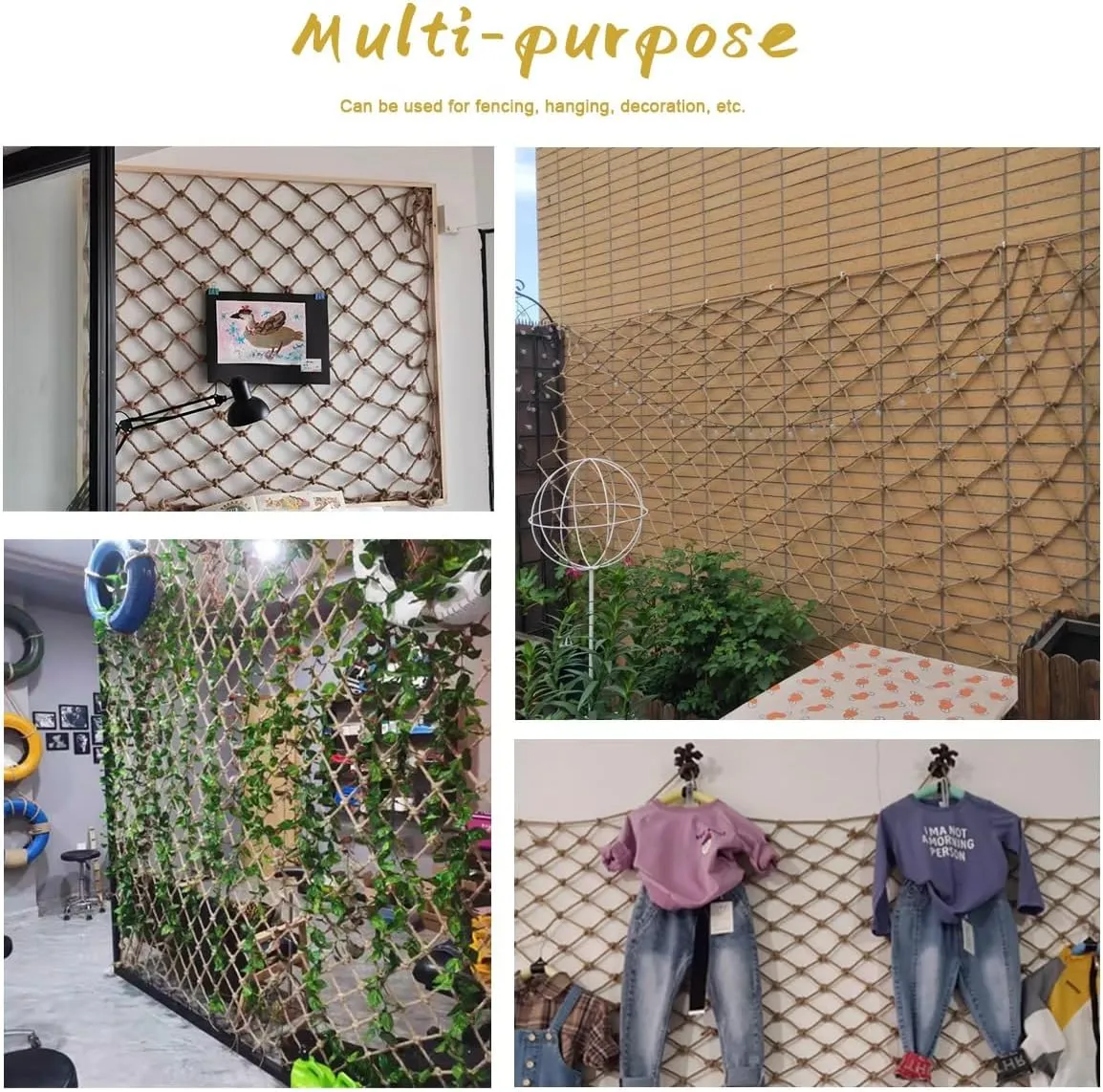 Plant Climbing Rope Netting for Plants and Flowers，Jute Rope Net for Indoor and Outdoor Decoration, Cafes, Bookstores, Parties(7Mx7M)