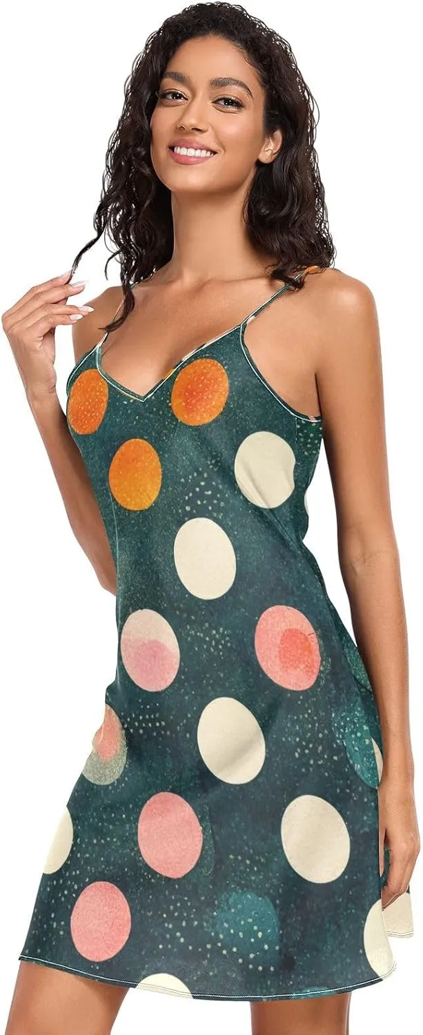 Polka Dot Retro Lingerie Slip Dress, Adjustable Spaghetti Strap V Neck Sleeping Clothes for Women, S