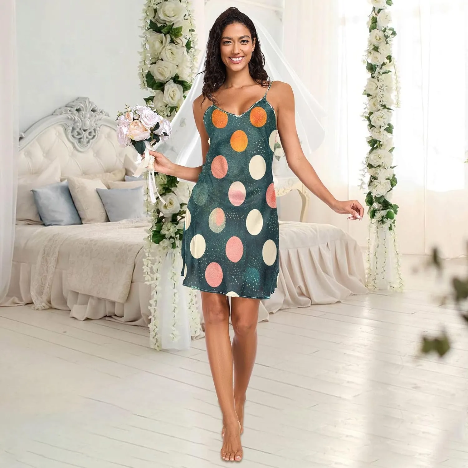 Polka Dot Retro Lingerie Slip Dress, Adjustable Spaghetti Strap V Neck Sleeping Clothes for Women, S