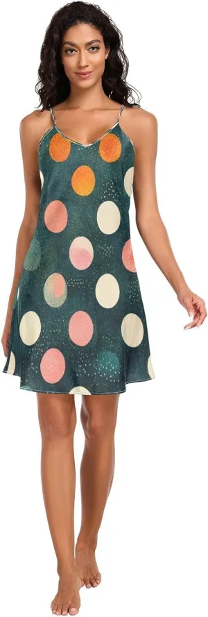Polka Dot Retro Lingerie Slip Dress, Adjustable Spaghetti Strap V Neck Sleeping Clothes for Women, S