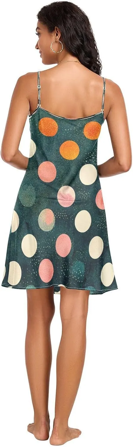 Polka Dot Retro Lingerie Slip Dress, Adjustable Spaghetti Strap V Neck Sleeping Clothes for Women, S