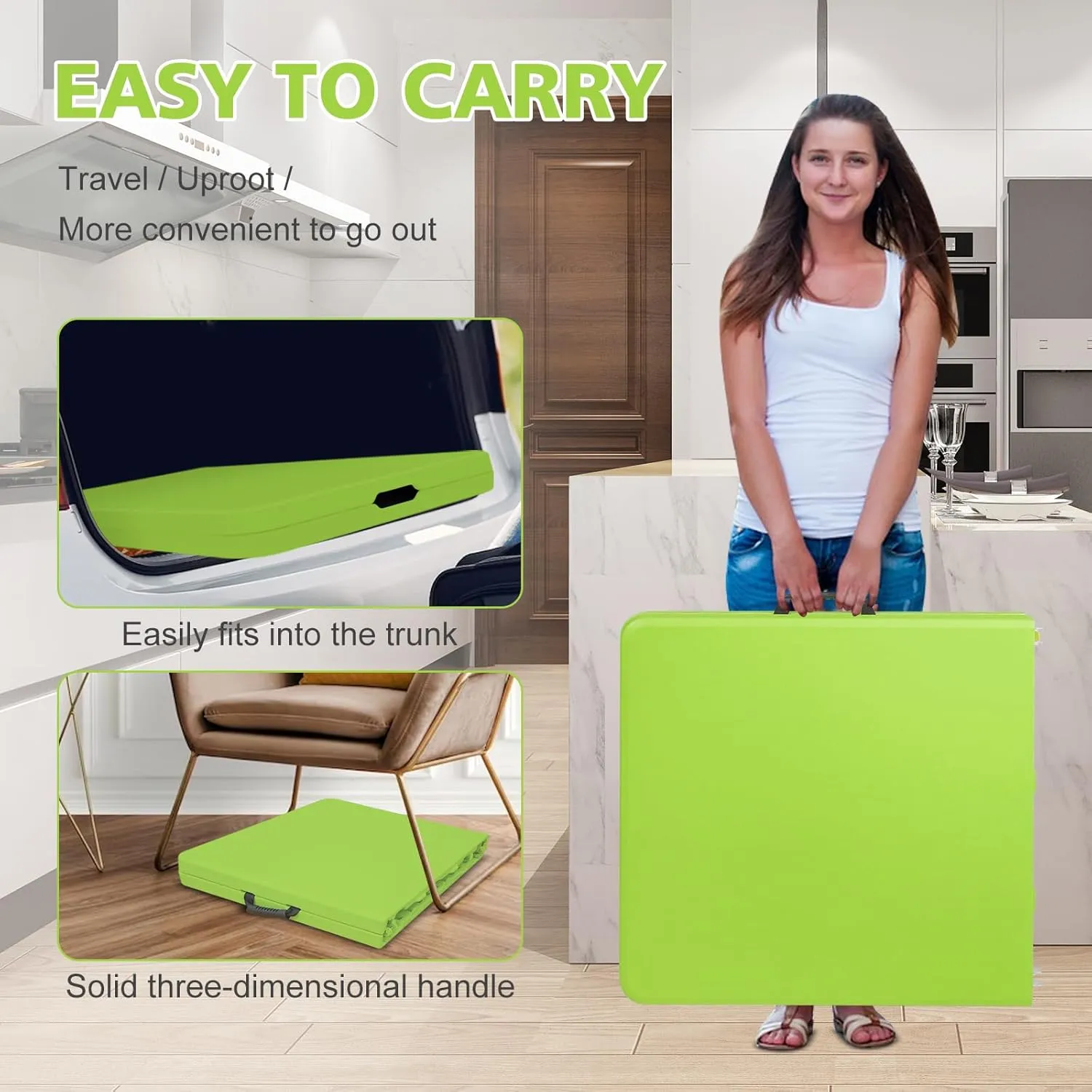 Portable 4Ft Folding Table, Heavy Duty Plastic Fold-in-Half Utility Foldable Table Small, Adjustable Height Plastic Folding Table with Carrying Handle for Camping & Party Indoor/Outdoor(Green)