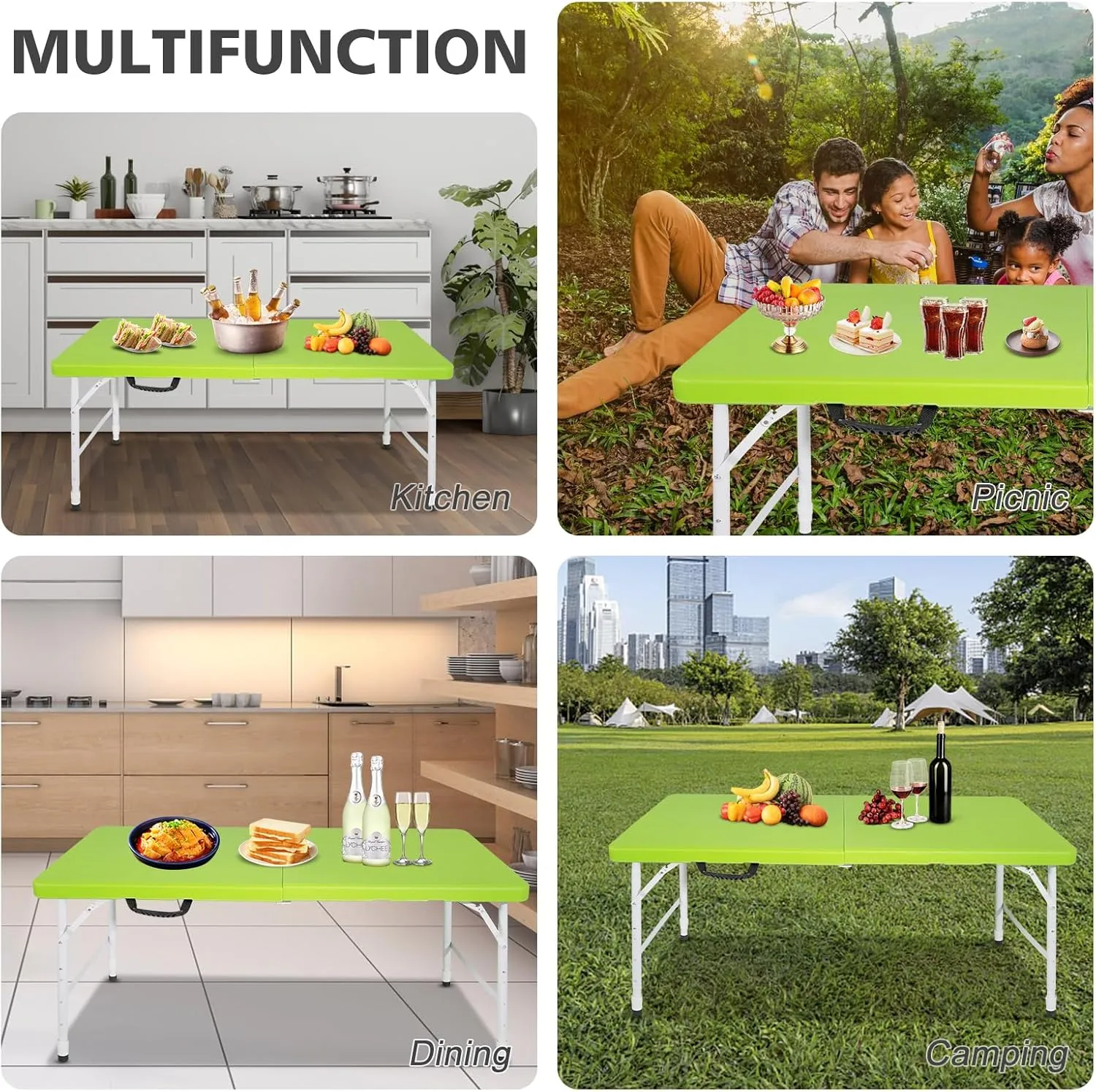 Portable 4Ft Folding Table, Heavy Duty Plastic Fold-in-Half Utility Foldable Table Small, Adjustable Height Plastic Folding Table with Carrying Handle for Camping & Party Indoor/Outdoor(Green)