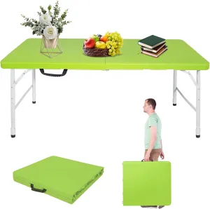 Portable 4Ft Folding Table, Heavy Duty Plastic Fold-in-Half Utility Foldable Table Small, Adjustable Height Plastic Folding Table with Carrying Handle for Camping & Party Indoor/Outdoor(Green)