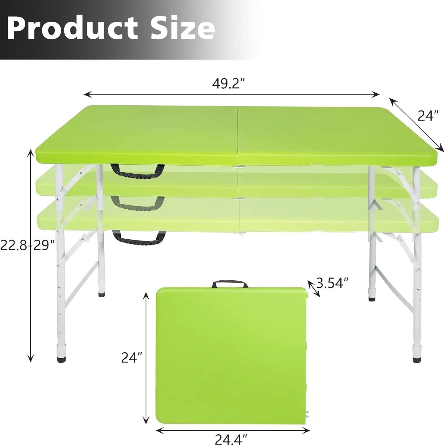 Portable 4Ft Folding Table, Heavy Duty Plastic Fold-in-Half Utility Foldable Table Small, Adjustable Height Plastic Folding Table with Carrying Handle for Camping & Party Indoor/Outdoor(Green)