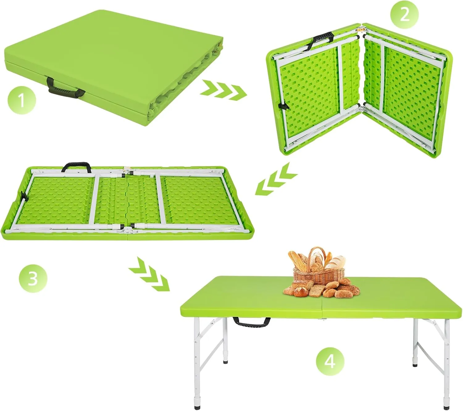 Portable 4Ft Folding Table, Heavy Duty Plastic Fold-in-Half Utility Foldable Table Small, Adjustable Height Plastic Folding Table with Carrying Handle for Camping & Party Indoor/Outdoor(Green)