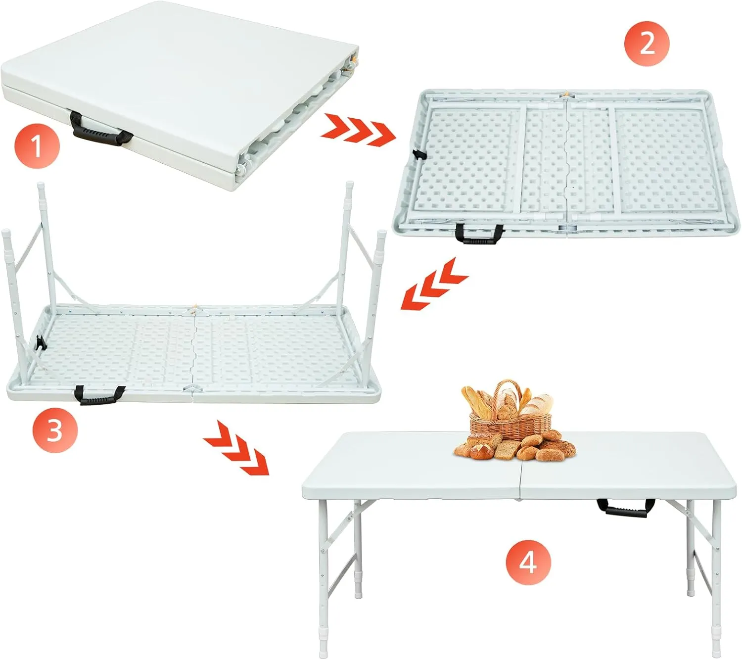 Portable 4Ft Folding Table, Heavy Duty Plastic Fold-in-Half Utility Foldable Table Small, Adjustable Height Plastic Folding Table with Carrying Handle for Camping & Party Indoor/Outdoor(White)
