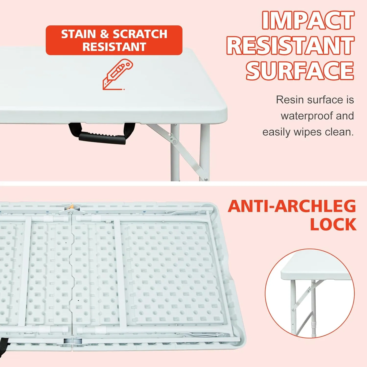 Portable 4Ft Folding Table, Heavy Duty Plastic Fold-in-Half Utility Foldable Table Small, Adjustable Height Plastic Folding Table with Carrying Handle for Camping & Party Indoor/Outdoor(White)