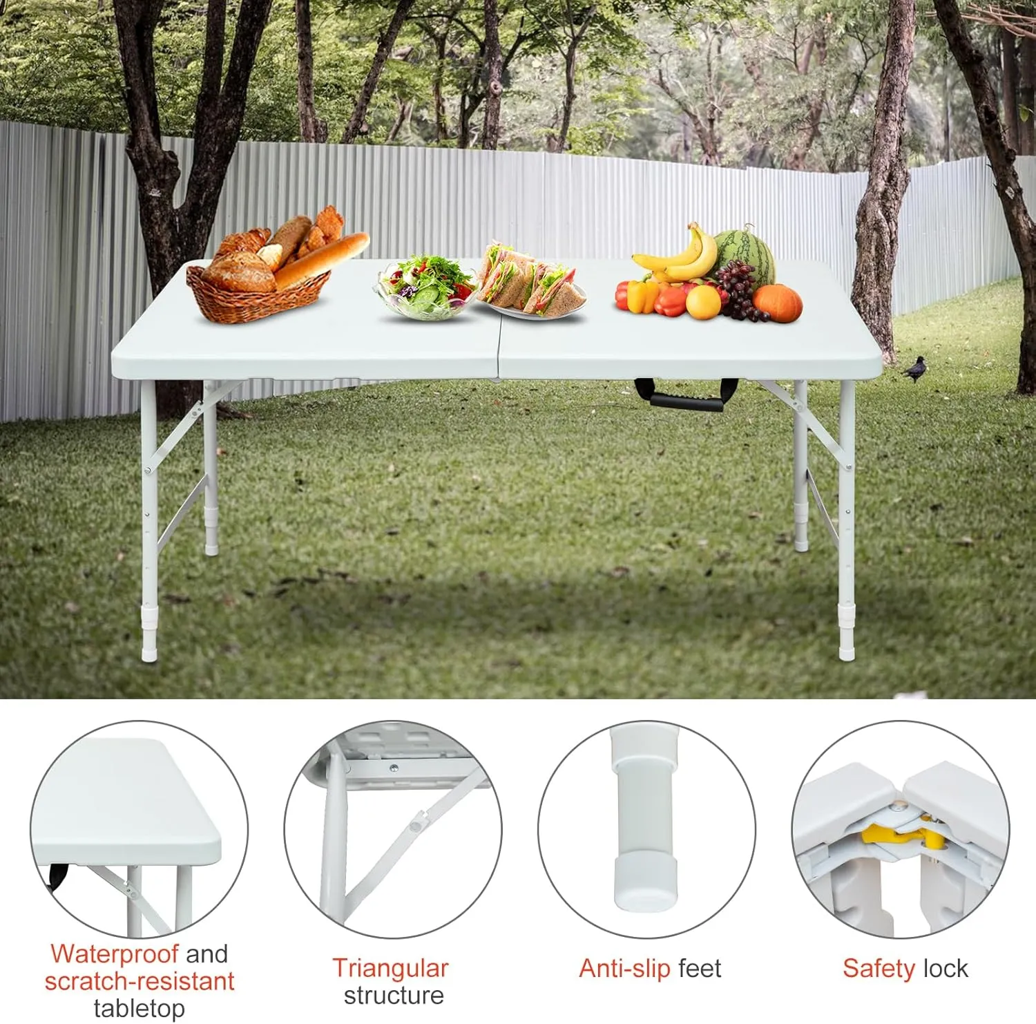 Portable 4Ft Folding Table, Heavy Duty Plastic Fold-in-Half Utility Foldable Table Small, Adjustable Height Plastic Folding Table with Carrying Handle for Camping & Party Indoor/Outdoor(White)