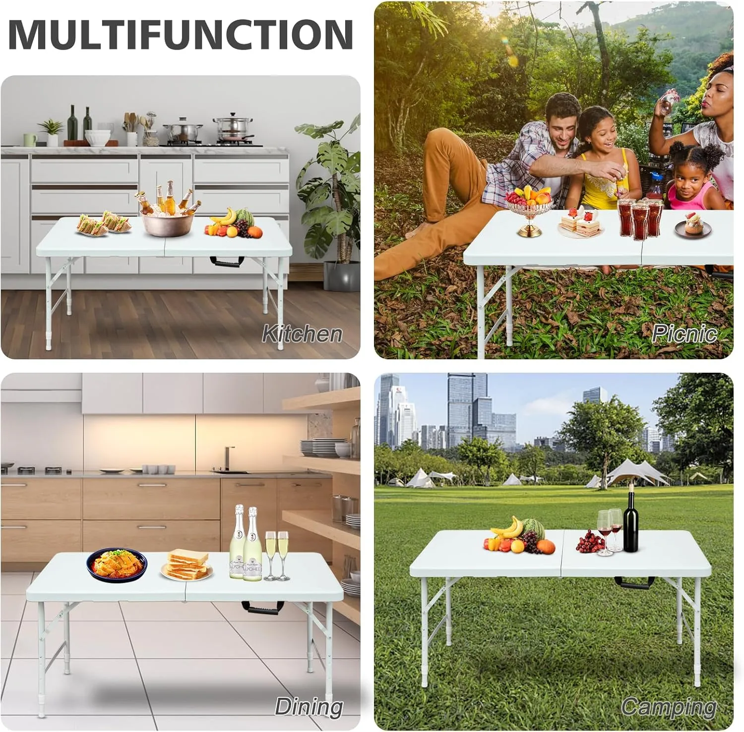 Portable 4Ft Folding Table, Heavy Duty Plastic Fold-in-Half Utility Foldable Table Small, Adjustable Height Plastic Folding Table with Carrying Handle for Camping & Party Indoor/Outdoor(White)