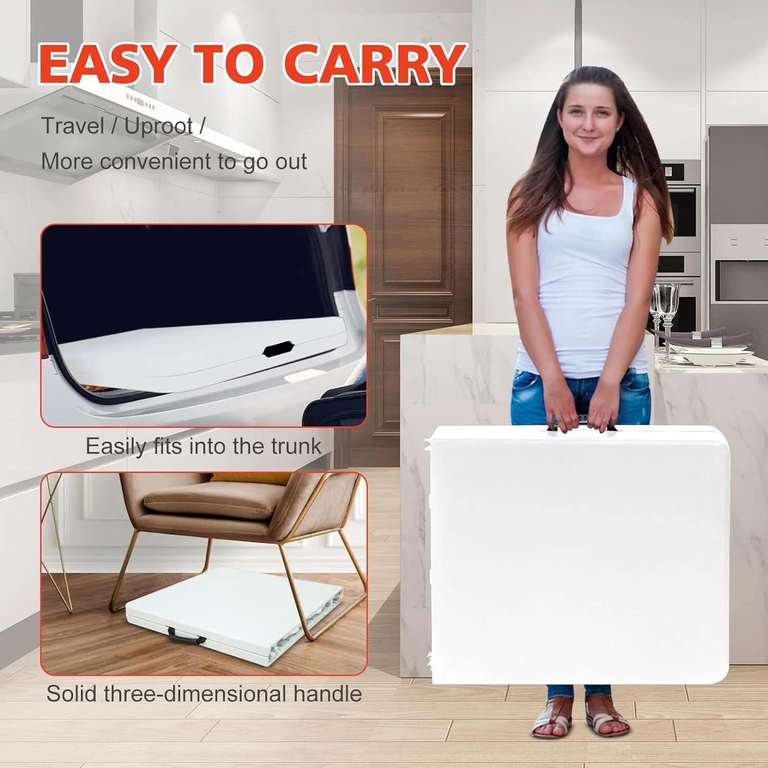 Portable 4Ft Folding Table, Heavy Duty Plastic Fold-in-Half Utility Foldable Table Small, Adjustable Height Plastic Folding Table with Carrying Handle for Camping & Party Indoor/Outdoor(White)