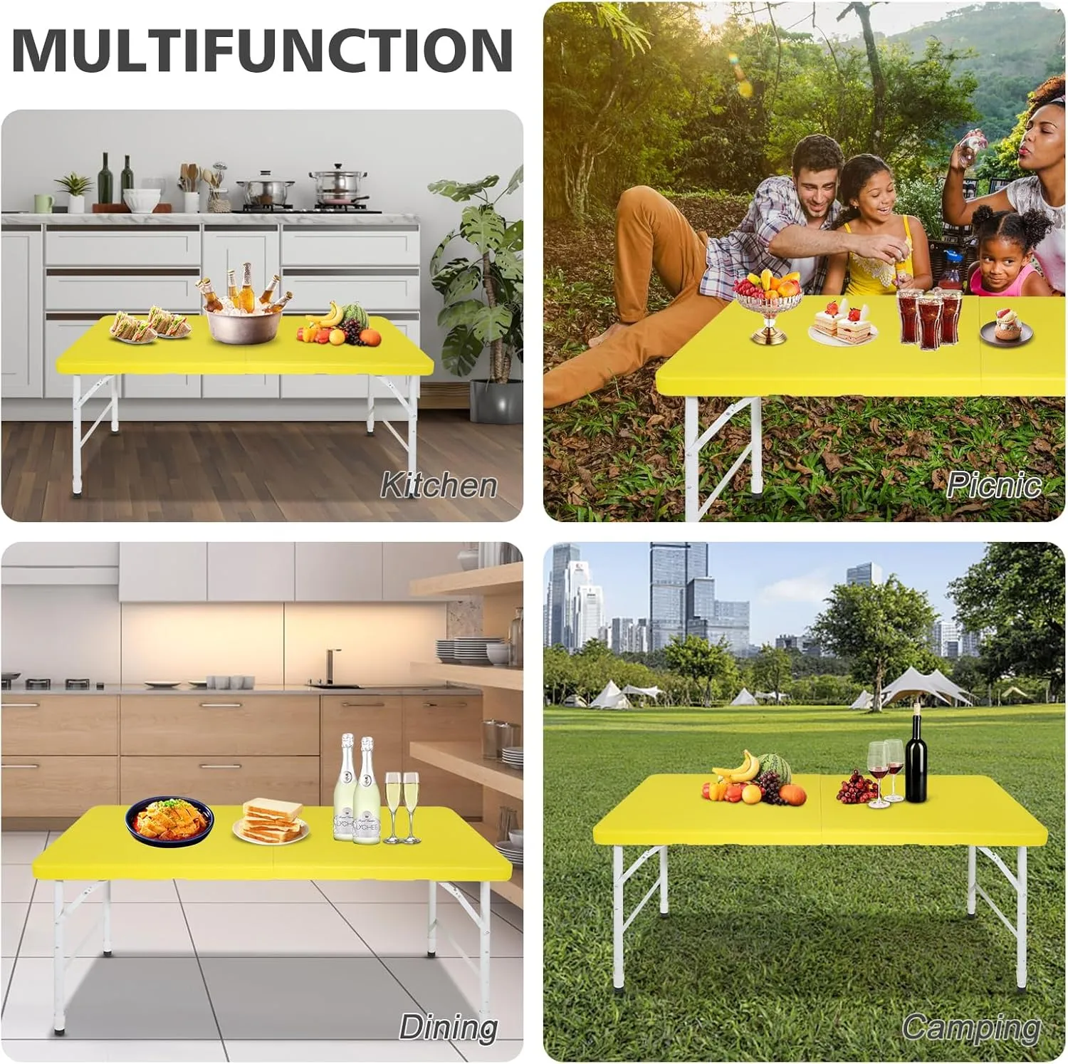 Portable 4Ft Folding Table, Heavy Duty Plastic Fold-in-Half Utility Foldable Table Small, Adjustable Height Plastic Folding Table with Carrying Handle for Camping &Party Indoor/Outdoor(Yellow)