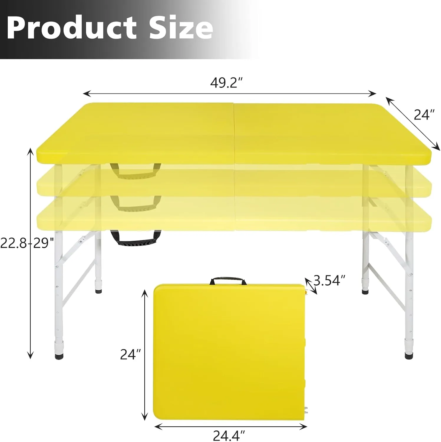 Portable 4Ft Folding Table, Heavy Duty Plastic Fold-in-Half Utility Foldable Table Small, Adjustable Height Plastic Folding Table with Carrying Handle for Camping &Party Indoor/Outdoor(Yellow)