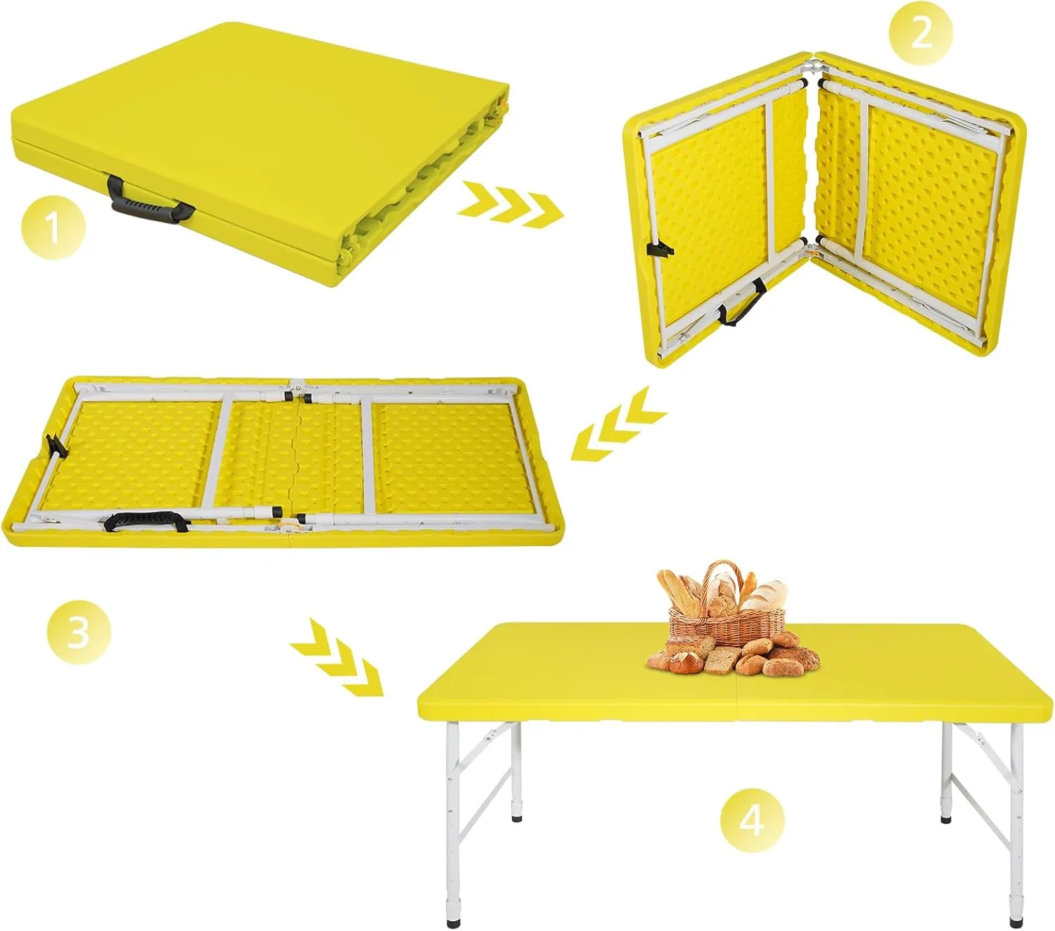 Portable 4Ft Folding Table, Heavy Duty Plastic Fold-in-Half Utility Foldable Table Small, Adjustable Height Plastic Folding Table with Carrying Handle for Camping &Party Indoor/Outdoor(Yellow)