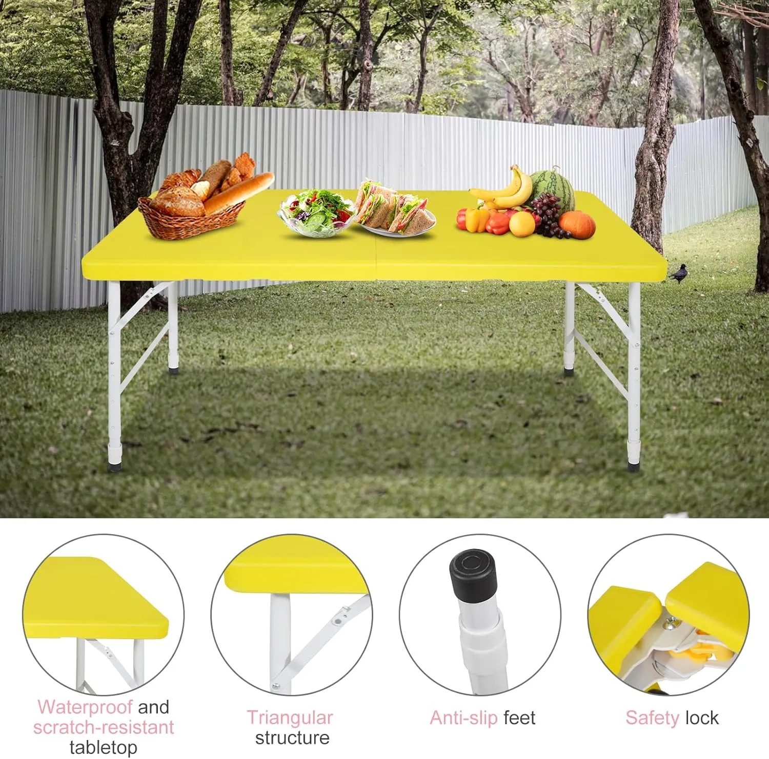 Portable 4Ft Folding Table, Heavy Duty Plastic Fold-in-Half Utility Foldable Table Small, Adjustable Height Plastic Folding Table with Carrying Handle for Camping &Party Indoor/Outdoor(Yellow)