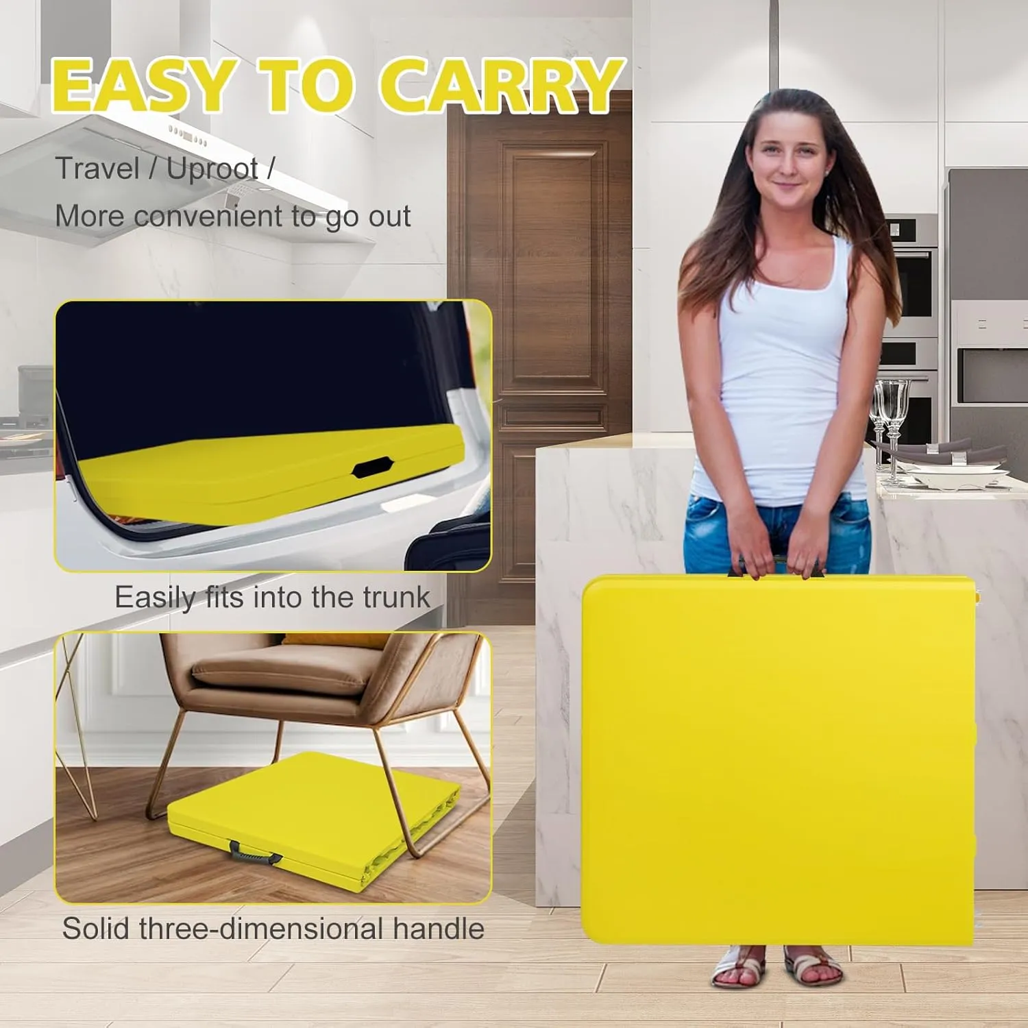 Portable 4Ft Folding Table, Heavy Duty Plastic Fold-in-Half Utility Foldable Table Small, Adjustable Height Plastic Folding Table with Carrying Handle for Camping &Party Indoor/Outdoor(Yellow)