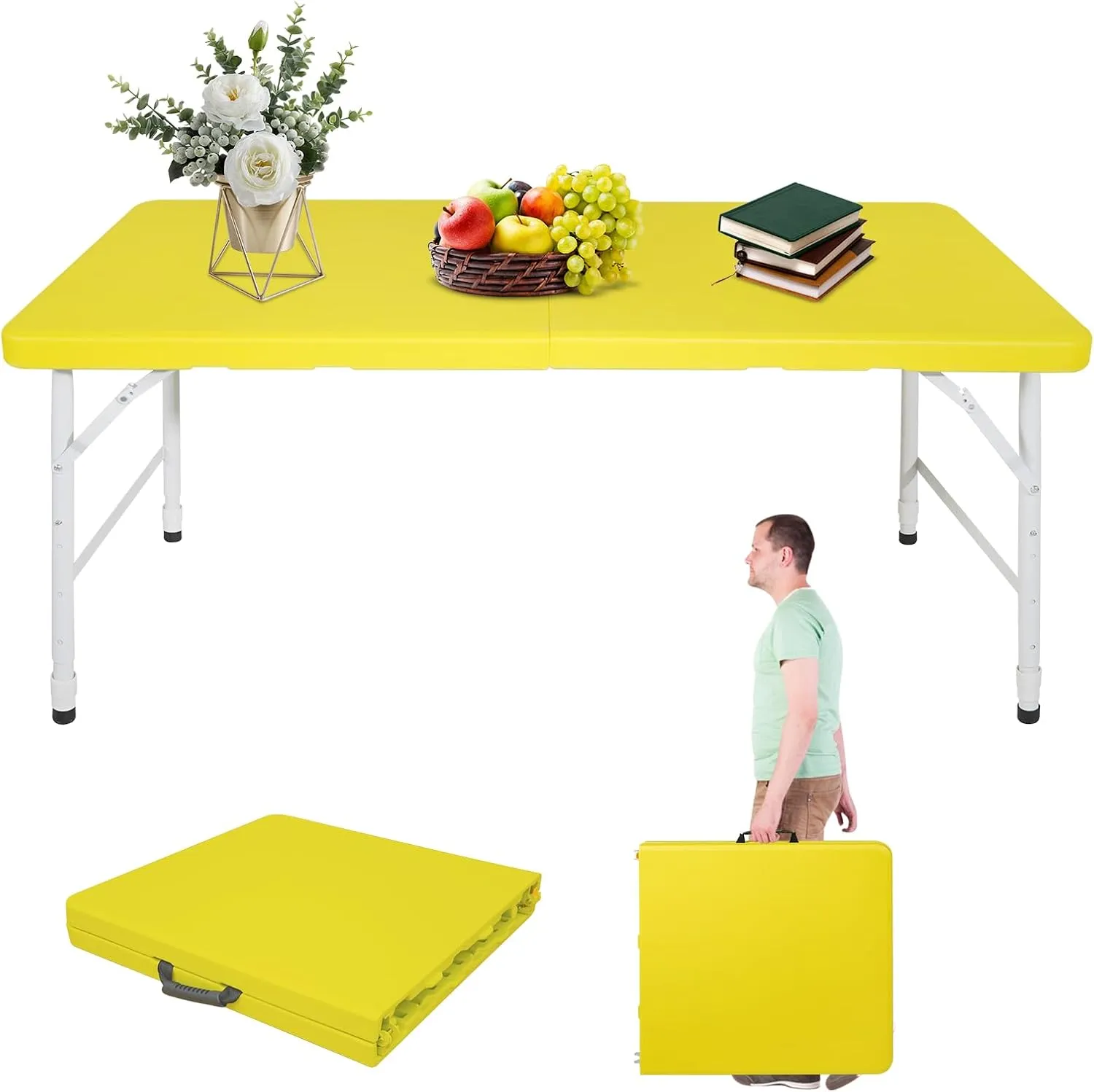 Portable 4Ft Folding Table, Heavy Duty Plastic Fold-in-Half Utility Foldable Table Small, Adjustable Height Plastic Folding Table with Carrying Handle for Camping &Party Indoor/Outdoor(Yellow)