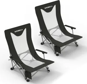 Portable Low Beach Chair for Adults with Cup Holder Hard Arm Folding Lawn Chairs for Outdoor Activities, Black, Support 400 lbs