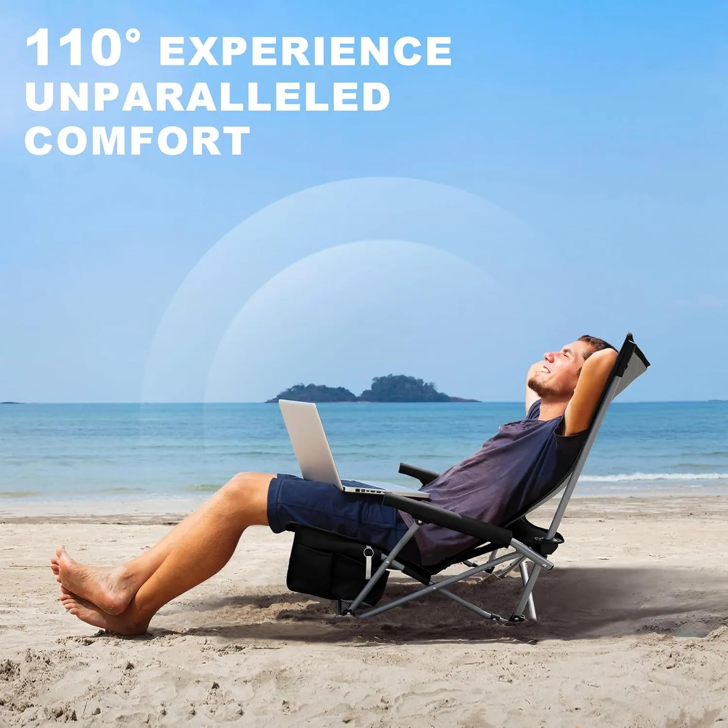 Portable Low Beach Chair for Adults with Cup Holder Hard Arm Folding Lawn Chairs for Outdoor Activities, Black, Support 400 lbs