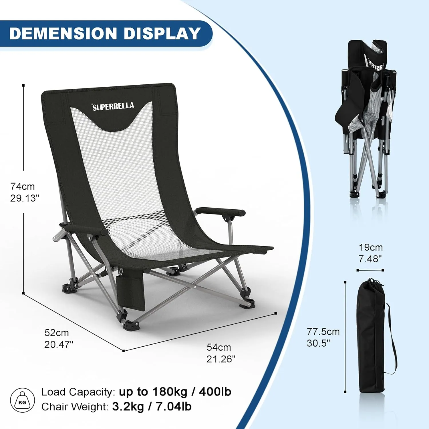 Portable Low Beach Chair for Adults with Cup Holder Hard Arm Folding Lawn Chairs for Outdoor Activities, Black, Support 400 lbs