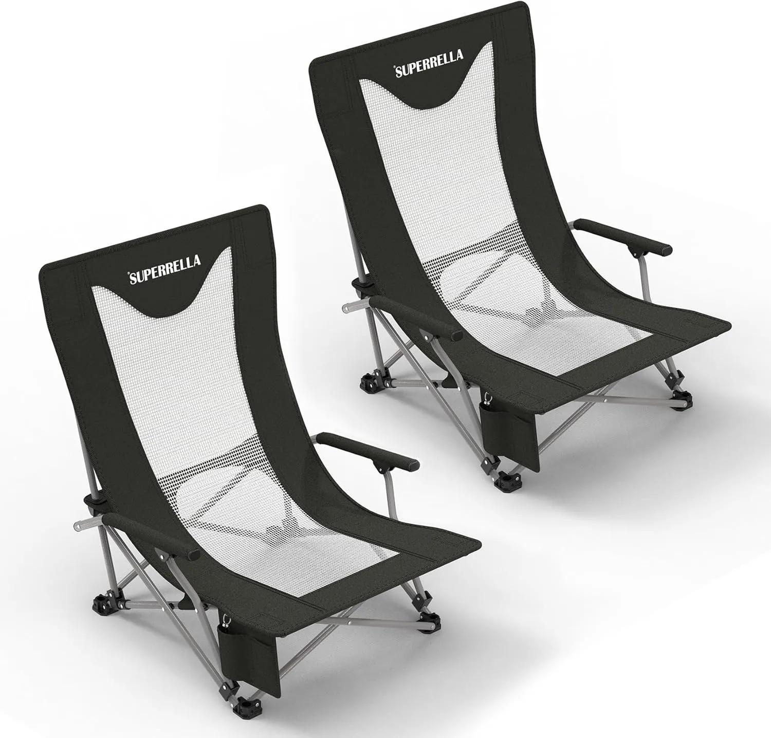 Portable Low Beach Chair for Adults with Cup Holder Hard Arm Folding Lawn Chairs for Outdoor Activities, Black, Support 400 lbs