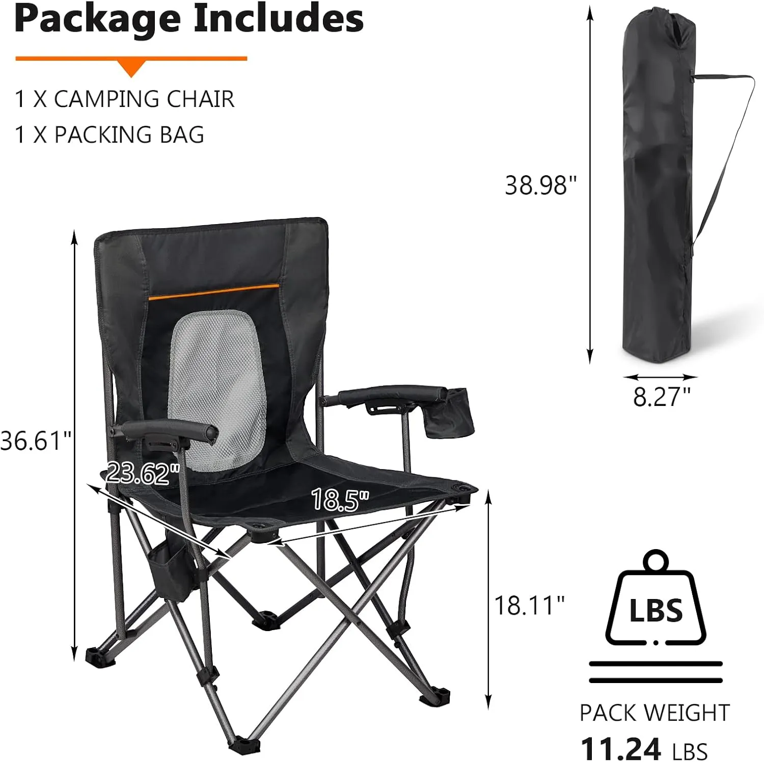 PORTAL Folding Camping Chair Comfortable Portable Lawn Chairs Lightweight Foldable Outdoor Camp Chair for Adults, Supports up to 300 lbs, Black