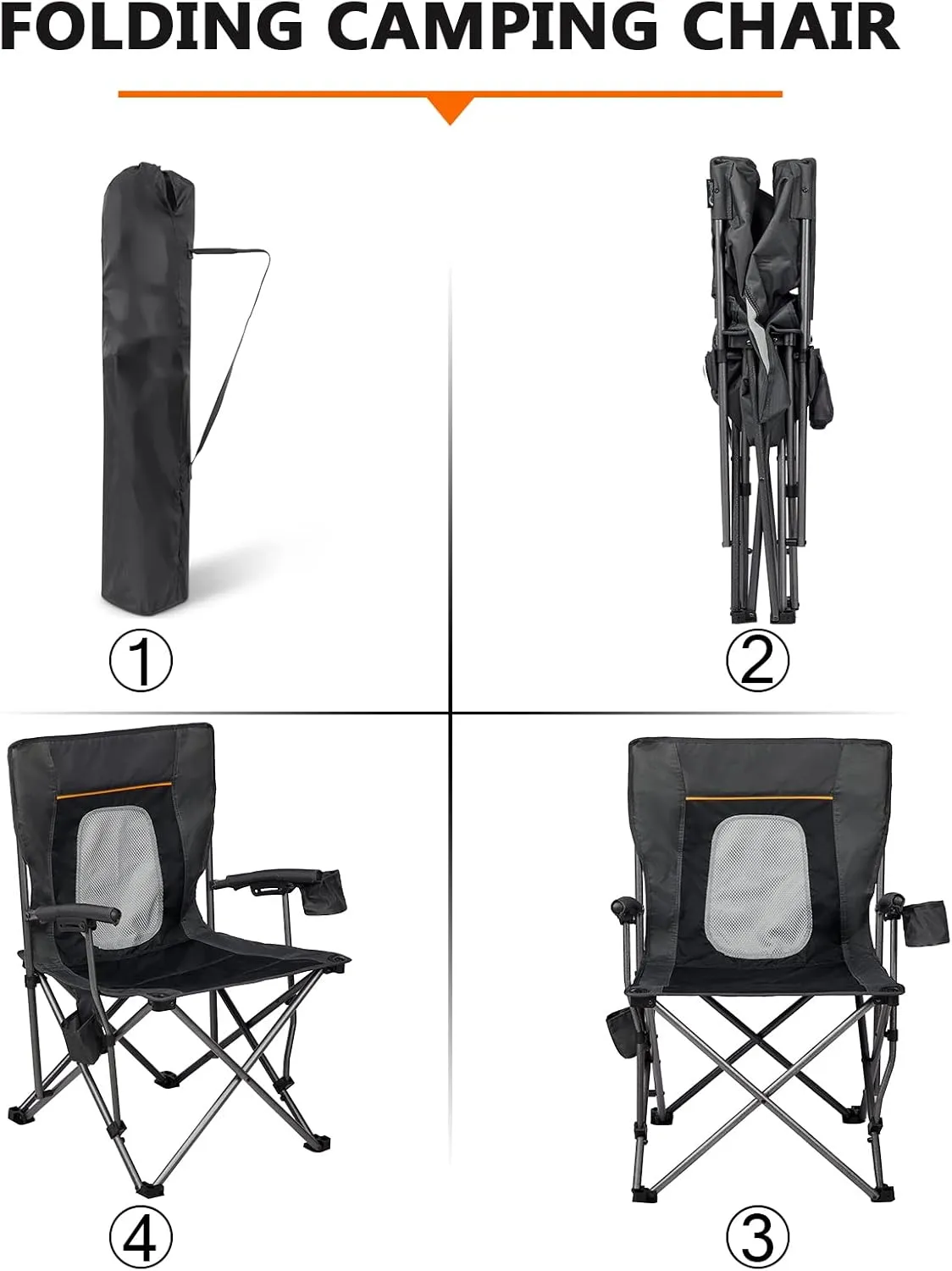 PORTAL Folding Camping Chair Comfortable Portable Lawn Chairs Lightweight Foldable Outdoor Camp Chair for Adults, Supports up to 300 lbs, Black