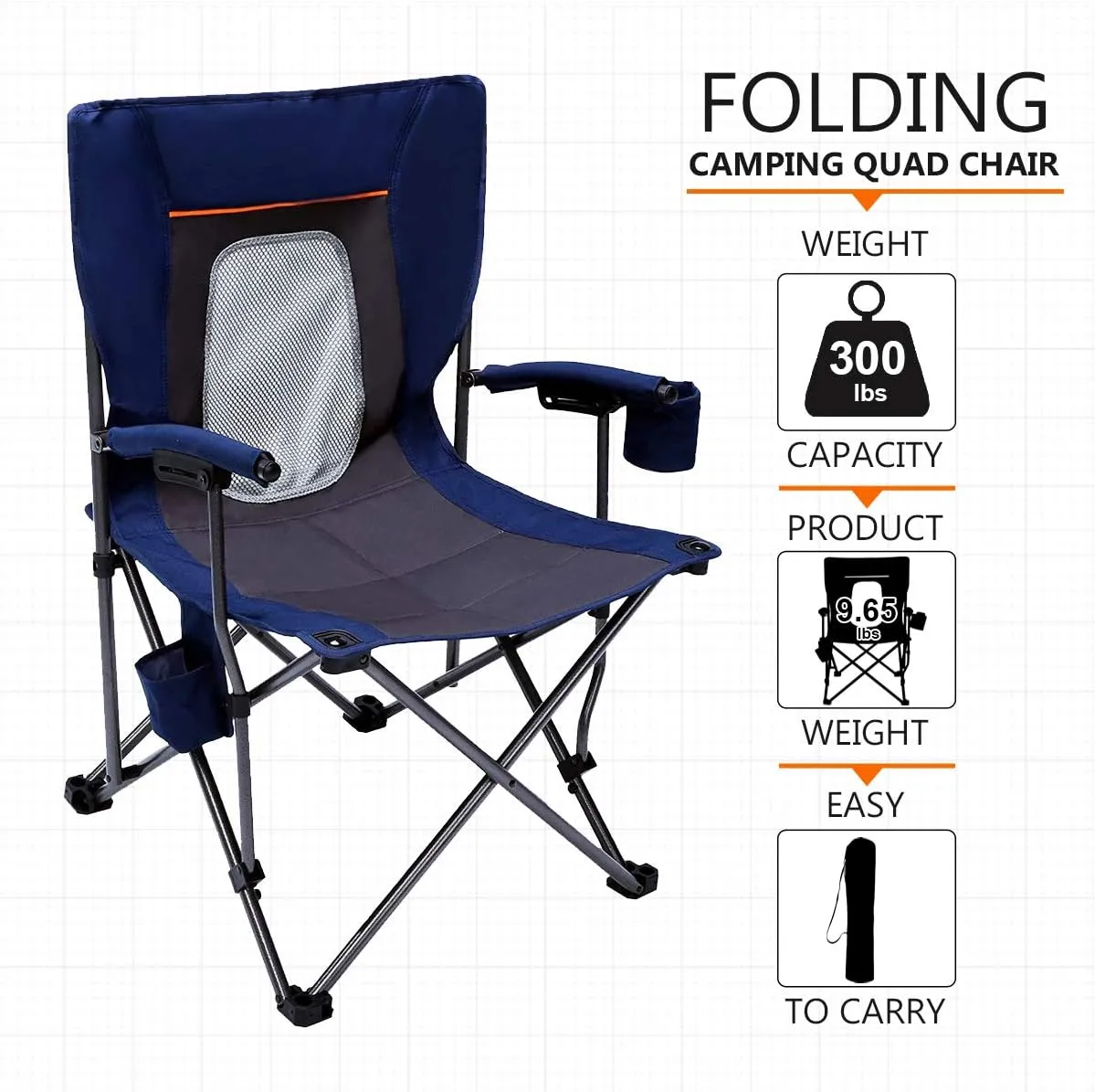 PORTAL Folding Camping Chair Comfortable Portable Lawn Chairs Lightweight Foldable Outdoor Camp Chair for Adults, Supports up to 300 lbs, Blue