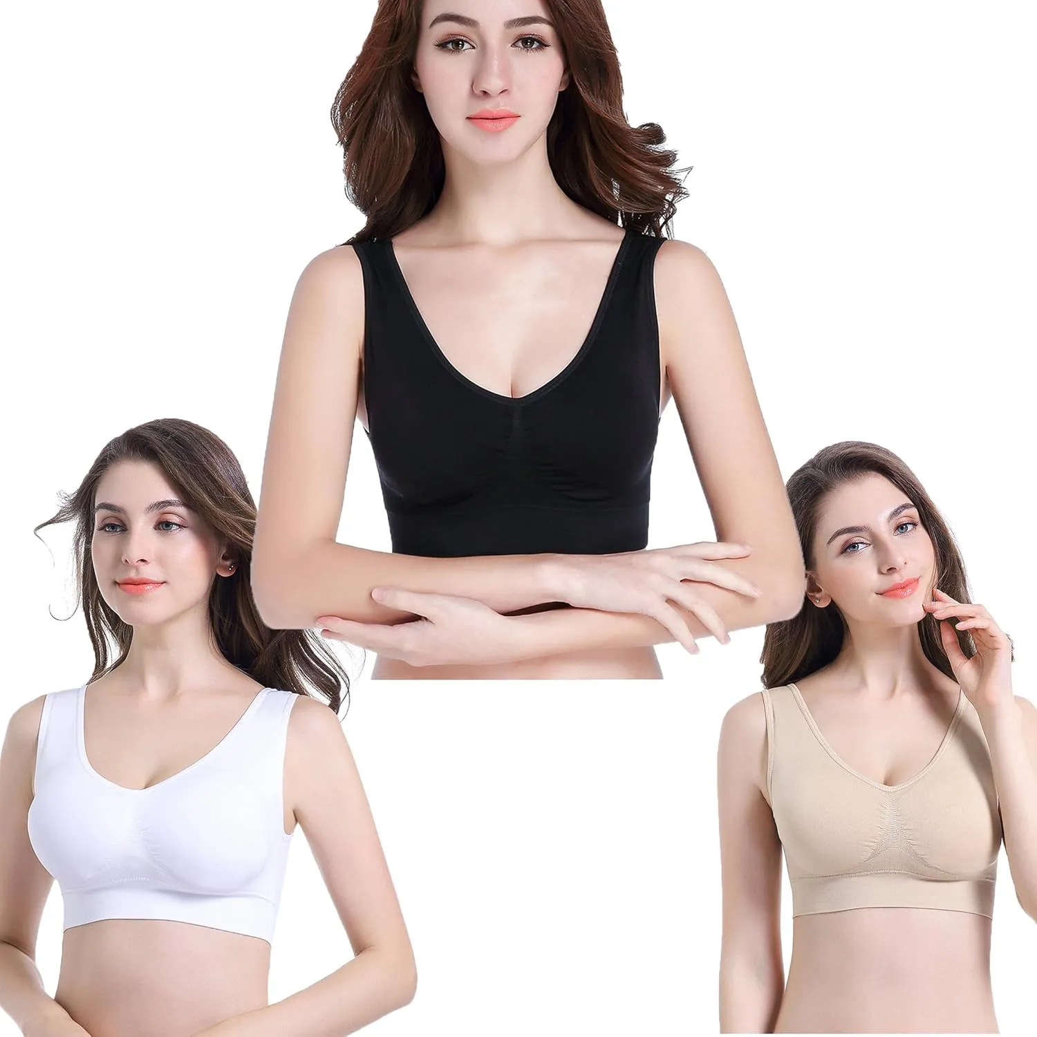 PRETTYWELL Sleep Bras for Women, Comfort Seamless Wireless Stretchy Sports Bra,3 Pack Yoga Bras, with Removable Pads