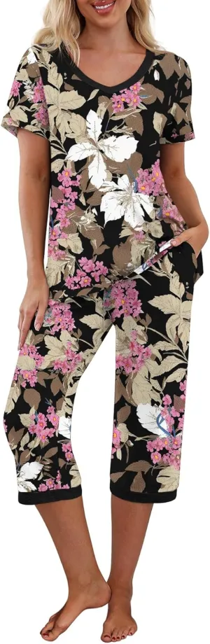 PrinStory Women's Pajama Set Short Sleeve Shirt and Capri Pants Sleepwear Pjs Sets with Pockets