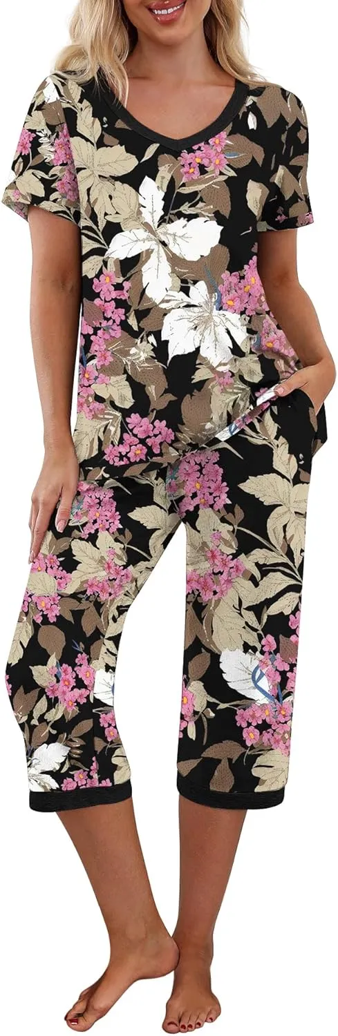PrinStory Women's Pajama Set Short Sleeve Shirt and Capri Pants Sleepwear Pjs Sets with Pockets