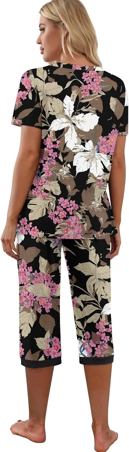 PrinStory Women's Pajama Set Short Sleeve Shirt and Capri Pants Sleepwear Pjs Sets with Pockets