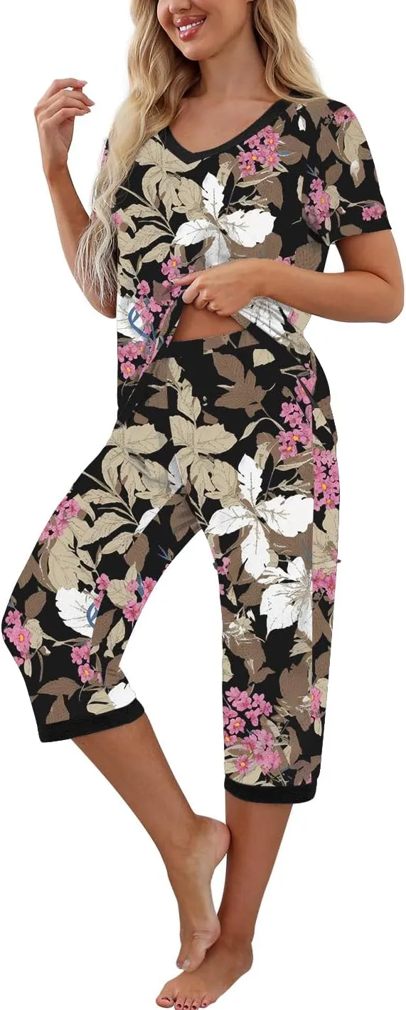 PrinStory Women's Pajama Set Short Sleeve Shirt and Capri Pants Sleepwear Pjs Sets with Pockets