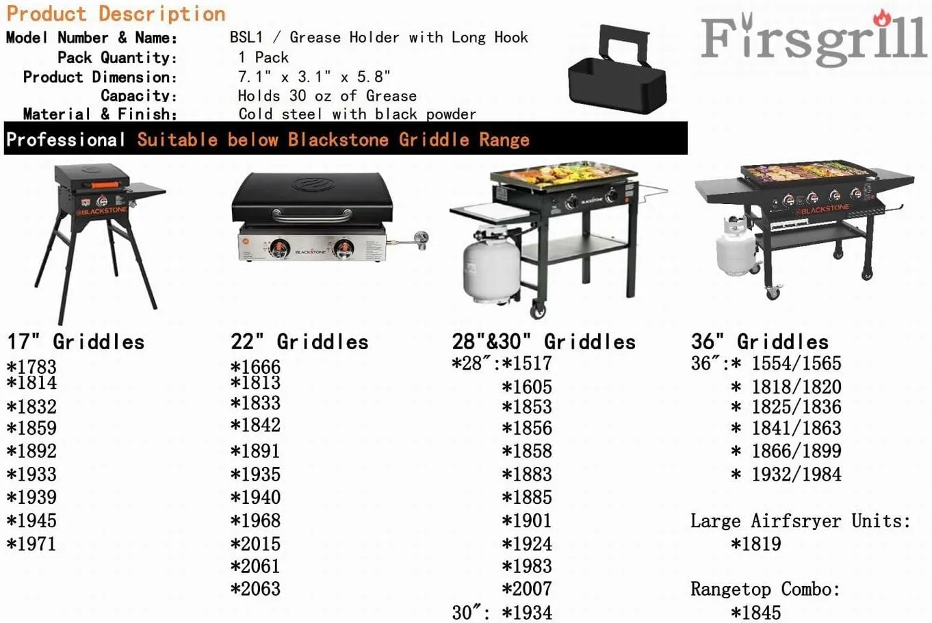 Professional Replacement Blackstone Griddle 17, 22, 28, 30 & 36 inches Grease Cup Foil Tray pan (BSL13)