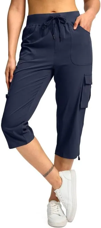 Pudolla Women's Cargo Capri Pants Lightweight Quick Dry Hiking Pants Summer Travel Casual Capris with 5 Pockets