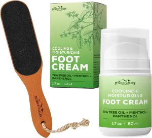 Pumice Stone Foot File - Pumice Valley Foot Cream for Dry Cracked Feet and Heels - Natural Moisturizer, Corn, Calluses Treatment - Skin, Body Lotion, Panthenol, Tea Tree Oil, Menthol 1.7 Oz