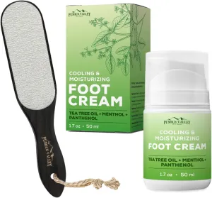 Pumice Stone Foot Scrubber - Pedicure Foot File with Handle for Dry Dead Skin - Foot Cream for Dry Cracked Feet and Heels Panthenol, Tea Tree Oil, Menthol 1.7 Oz