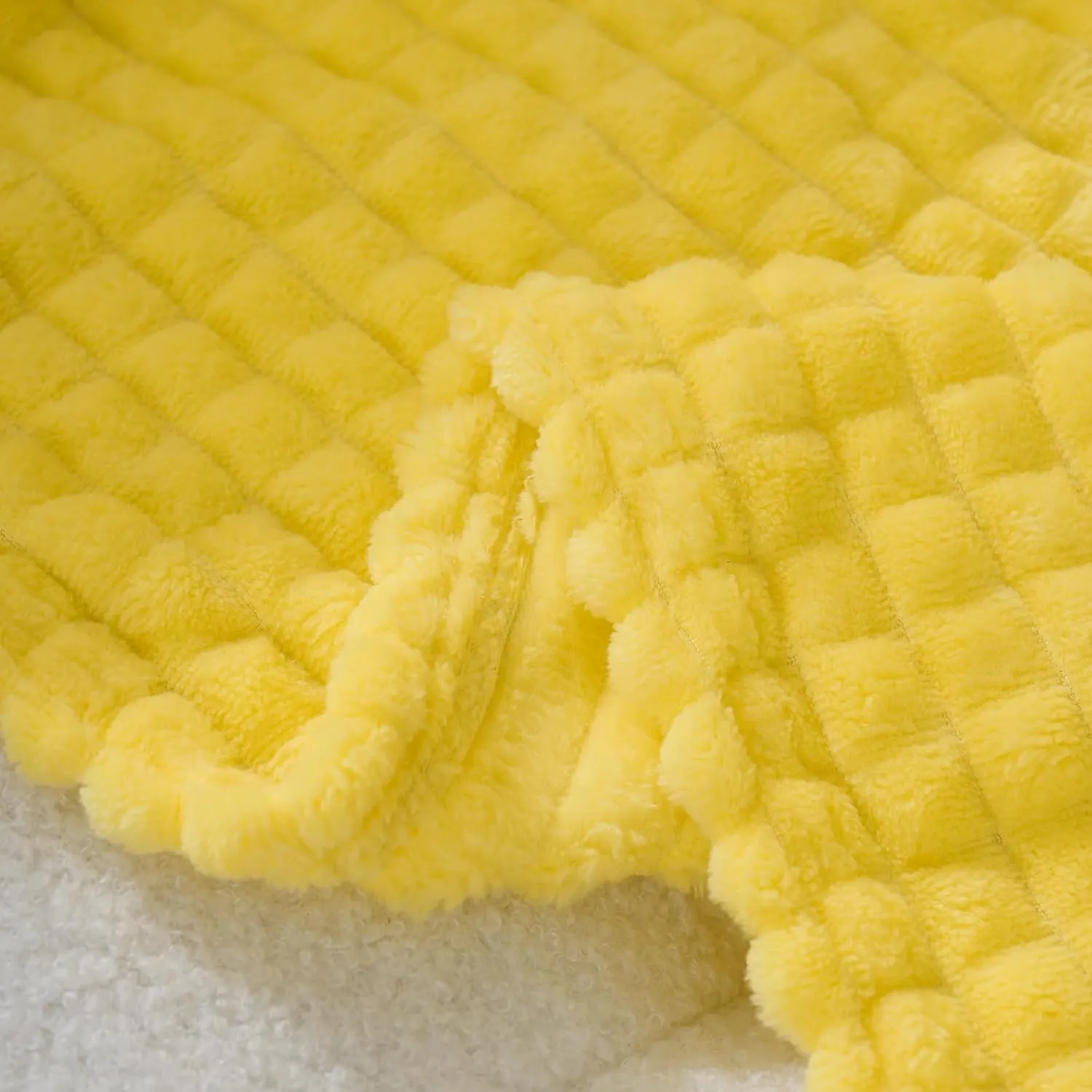 Puncuntex Flannel Fleece Throw Blanket Bright Yellow 60"×80",Super Soft Plush Cozy Blanket with Square Grid Design Luxury for Couch Sofa Chair