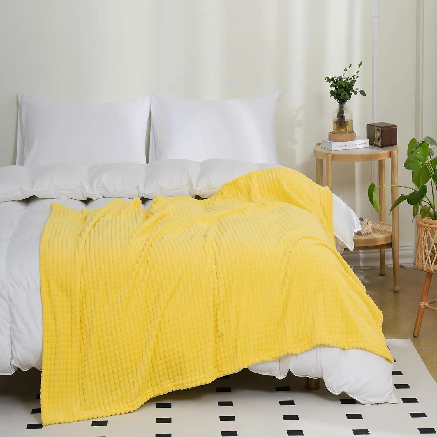 Puncuntex Flannel Fleece Throw Blanket Bright Yellow 60"×80",Super Soft Plush Cozy Blanket with Square Grid Design Luxury for Couch Sofa Chair