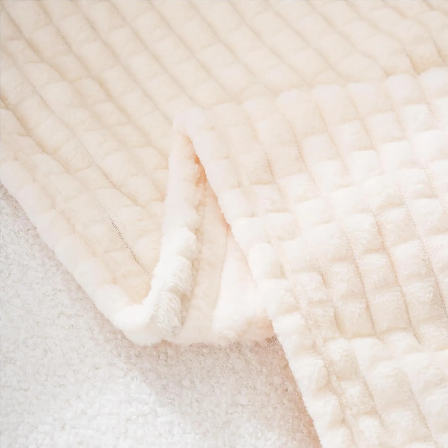 Puncuntex Flannel Fleece Throw Blanket Cream White 60"×80",Super Soft Plush Cozy Blanket with Square Grid Design Luxury for Couch Sofa Chair
