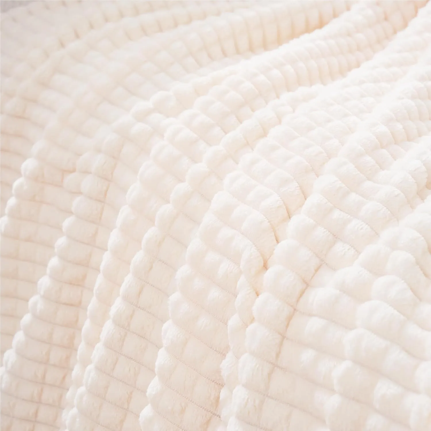 Puncuntex Flannel Fleece Throw Blanket Cream White 60"×80",Super Soft Plush Cozy Blanket with Square Grid Design Luxury for Couch Sofa Chair