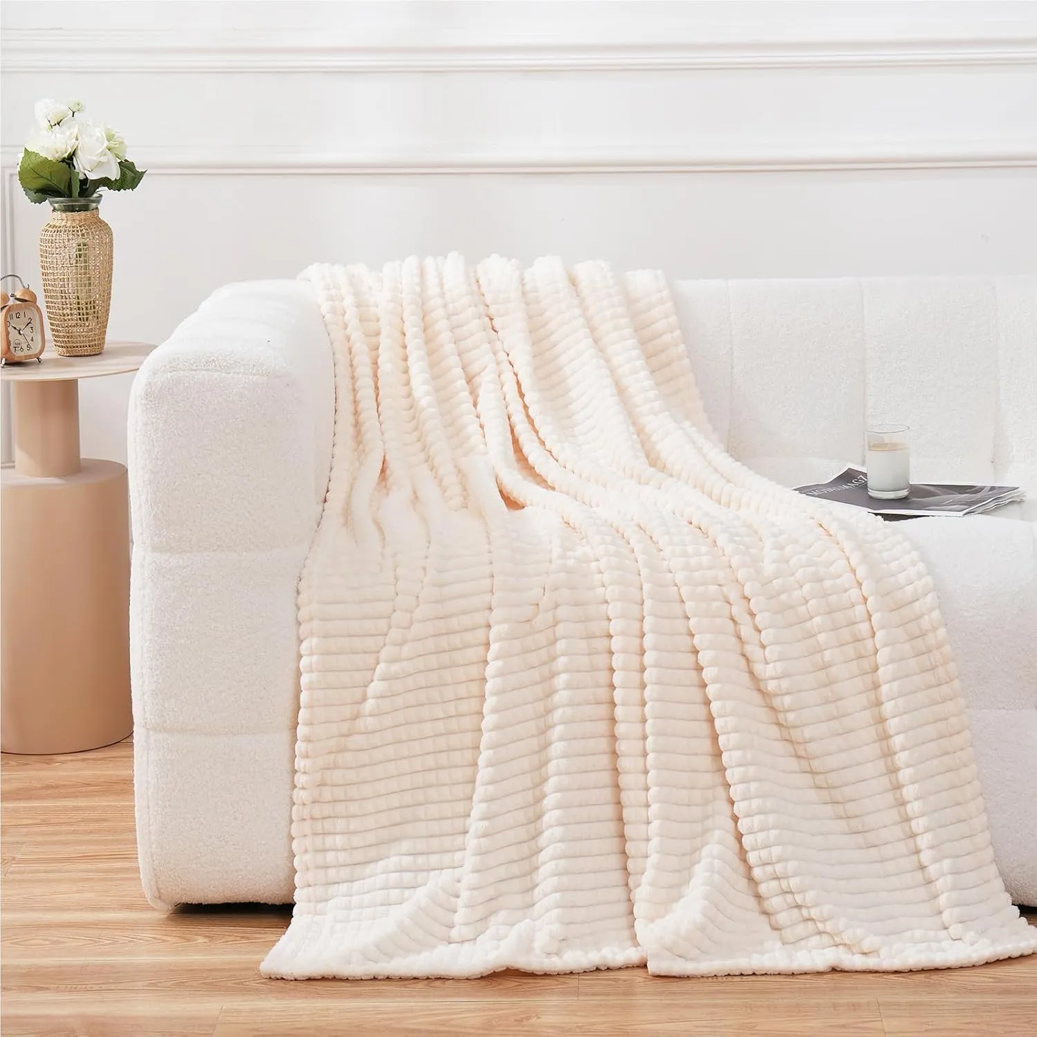 Puncuntex Flannel Fleece Throw Blanket Cream White 60"×80",Super Soft Plush Cozy Blanket with Square Grid Design Luxury for Couch Sofa Chair