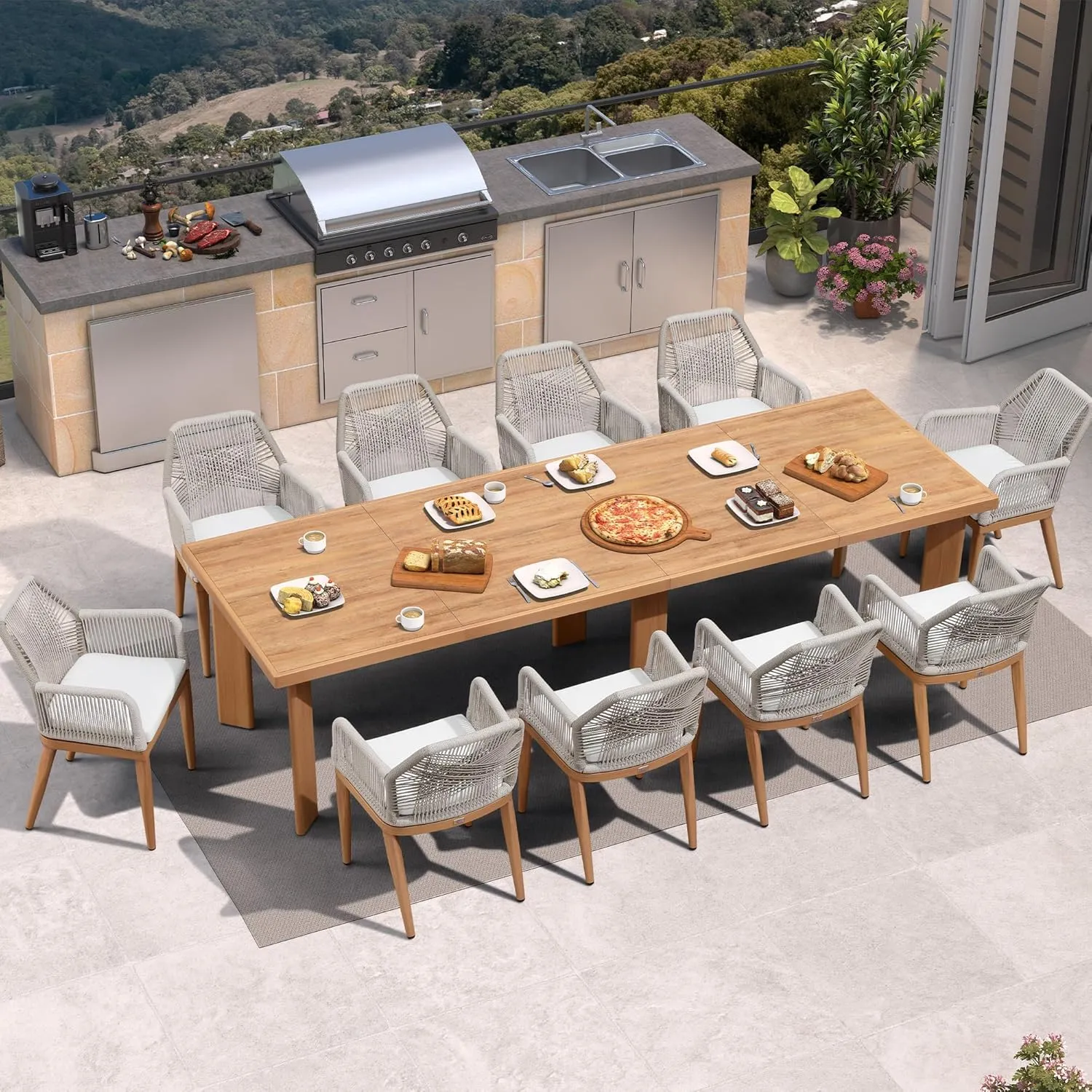 PURPLE LEAF 11 Pieces Patio Dining Set Aluminum Modern Rectangular Table and Rattan Arm Chairs with Cushions for Kitchen Porch Garden Outdoor Furniture Sets, Teak