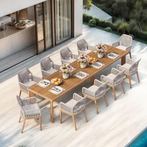 PURPLE LEAF 11 Pieces Patio Dining Set Aluminum Modern Rectangular Table and Rattan Arm Chairs with Cushions for Kitchen Porch Garden Outdoor Furniture Sets, Teak